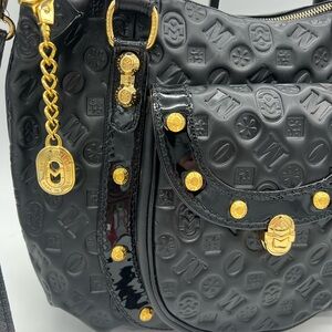 Marino Orlandi Black Patent Embossed Shoulder Bag with Gold Hardware